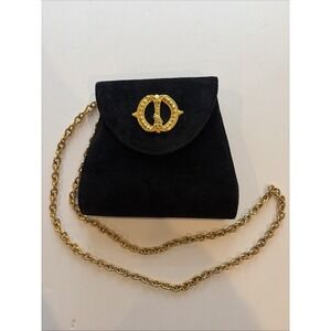 Casual Corner Black‎ Suede Handbag Gold Medallion & Chain Essentials Elegant Bag